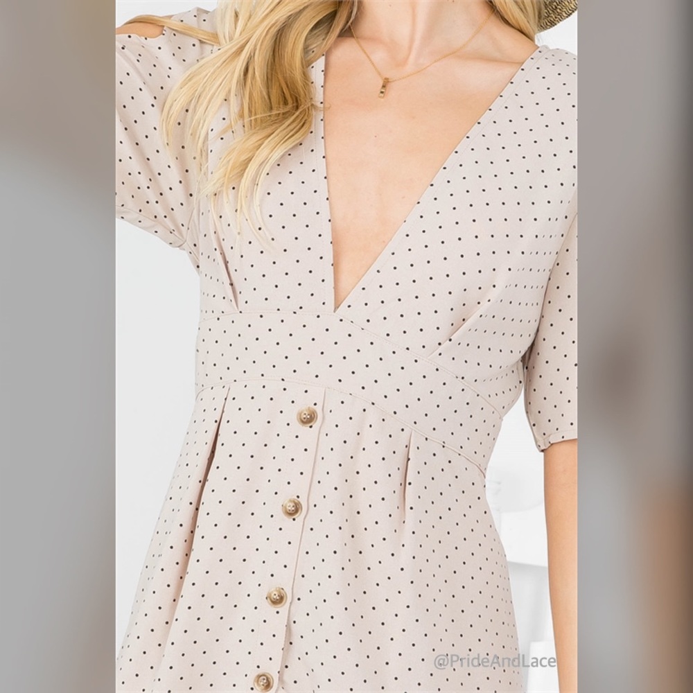 NATURAL WITH DOT PATTERN SLITTED TIE SLEEVELESS WOVEN DRESS - Picture 6 of 7